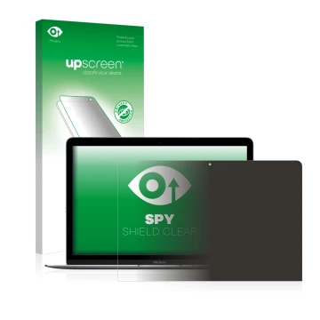 Front side of a product packaging with the brand logo upscreen. Next to it is the device Apple MacBook Retina 12