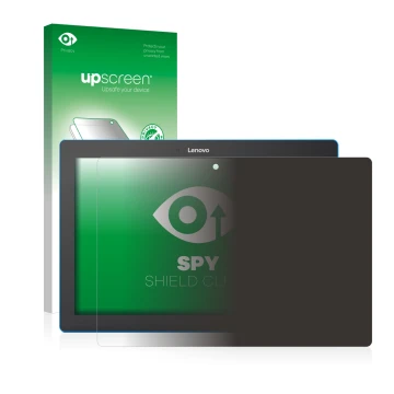 Front side of a product packaging with the brand logo upscreen. Next to it is the device Lenovo Tab 10 TB-X103F shown with the