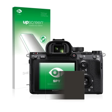 Front side of a product packaging with the brand logo upscreen. Next to it is the device Sony Alpha 7R III shown with the corr