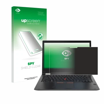 Front side of a product packaging with the brand logo upscreen. Next to it is the device Lenovo ThinkPad Yoga X380 shown with 