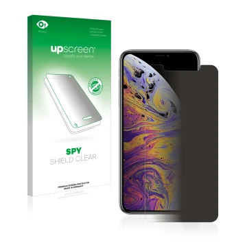 Front side of a product packaging with the brand logo upscreen. Next to it is the device Apple iPhone Xs Max shown with the co