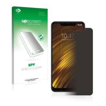 Front side of a product packaging with the brand logo upscreen. Next to it is the device Xiaomi Pocophone F1 shown with the co