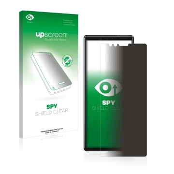 Front side of a product packaging with the brand logo upscreen. Next to it is the device Sony Xperia 1 shown with the correspo