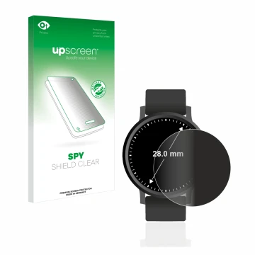 Front side of a product packaging with the brand logo upscreen. Next to it is the device Circular Displays (ø: 28 mm) shown wi