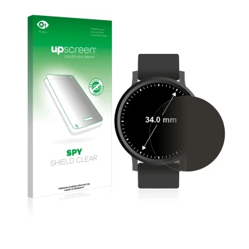 Front side of a product packaging with the brand logo upscreen. Next to it is the device Circular Displays (ø: 34 mm) shown wi