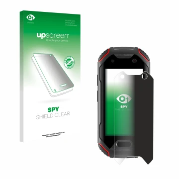 Front side of a product packaging with the brand logo upscreen. Next to it is the device Unihertz Atom shown with the correspo