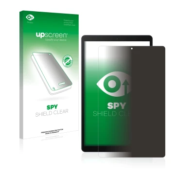 Front side of a product packaging with the brand logo upscreen. Next to it is the device Samsung Galaxy Tab A 10.1 2019 shown 