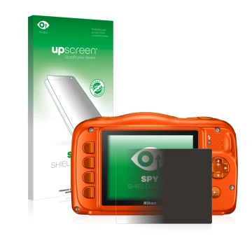 Front side of a product packaging with the brand logo upscreen. Next to it is the device Nikon Coolpix W150 shown with the cor