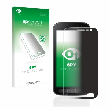 Front side of a product packaging with the brand logo upscreen. Next to it is the device Samsung Galaxy XCover 4s shown with t