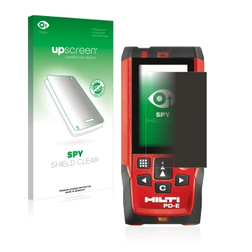 Front side of a product packaging with the brand logo upscreen. Next to it is the device Hilti PD-E shown with the correspondi