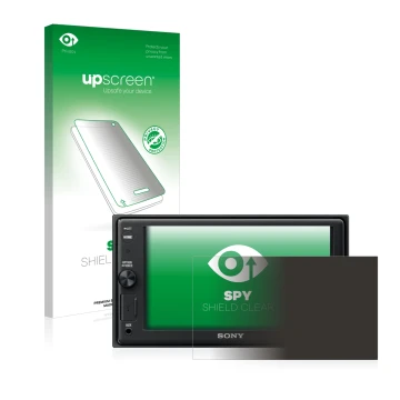Front side of a product packaging with the brand logo upscreen. Next to it is the device Sony XAV-AX1005DB shown with the corr