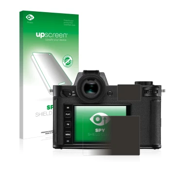 Front side of a product packaging with the brand logo upscreen. Next to it is the device Leica SL2 shown with the correspondin