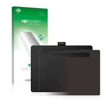 Front side of a product packaging with the brand logo upscreen. Next to it is the device Wacom Intuos M shown with the corresp