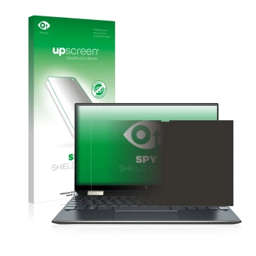 Front side of a product packaging with the brand logo upscreen. Next to it is the device HP Spectre x360 13-aw0000ns shown wit