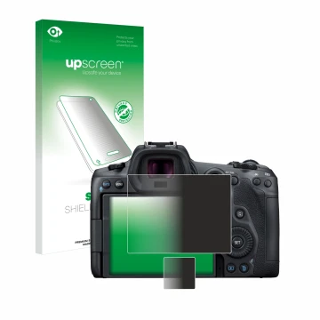 Front side of a product packaging with the brand logo upscreen. Next to it is the device Canon EOS R5 shown with the correspon