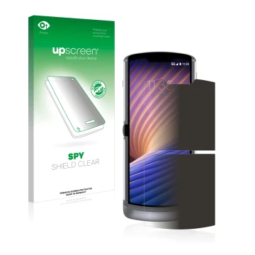 Front side of a product packaging with the brand logo upscreen. Next to it is the device Motorola Razr 5G 2020 shown with the 