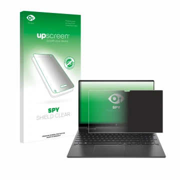 Front side of a product packaging with the brand logo upscreen. Next to it is the device HP Envy x360 (15-eX) (358 mm x 230 mm