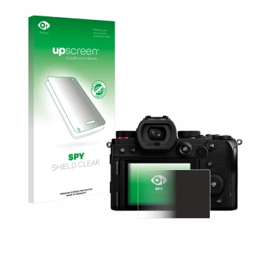 Front side of a product packaging with the brand logo upscreen. Next to it is the device Panasonic Lumix DC-S5 shown with the 