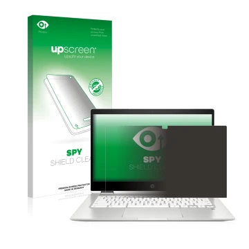 Front side of a product packaging with the brand logo upscreen. Next to it is the device HP Chromebook x360 (14b-caX) shown wi