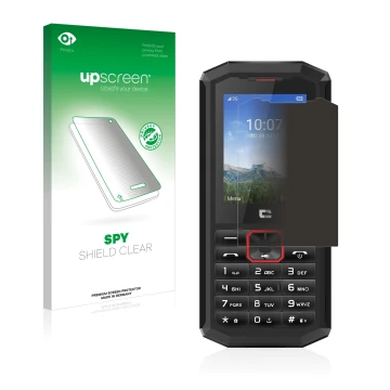 Front side of a product packaging with the brand logo upscreen. Next to it is the device Crosscall Spider X5 shown with the co