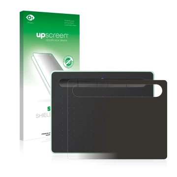 Front side of a product packaging with the brand logo upscreen. Next to it is the device Wacom Intuos S Bluetooth shown with t