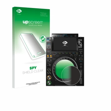 Front side of a product packaging with the brand logo upscreen. Next to it is the device Pioneer CDJ 3000 (circle) shown with 