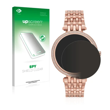 Front side of a product packaging with the brand logo upscreen. Next to it is the device Michael Kors Access Darci Gen 5E show