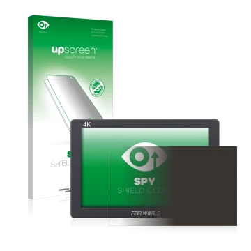 Front side of a product packaging with the brand logo upscreen. Next to it is the device Feelworld FW279 7