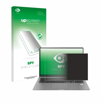 Front side of a product packaging with the brand logo upscreen. Next to it is the device LG gram 17'' 2021 shown with the corr