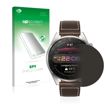 Front side of a product packaging with the brand logo upscreen. Next to it is the device Huawei Watch 3 Pro shown with the cor