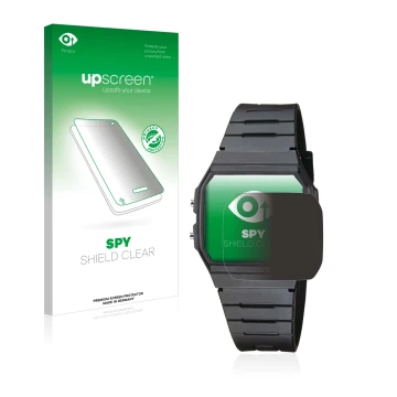 Front side of a product packaging with the brand logo upscreen. Next to it is the device Casio Collection Unisex F-91W shown w