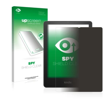 Front side of a product packaging with the brand logo upscreen. Next to it is the device Amazon Kindle Paperwhite 2021 Signatu