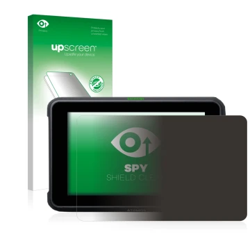 Front side of a product packaging with the brand logo upscreen. Next to it is the device Atomos Shinobi 7 shown with the corre