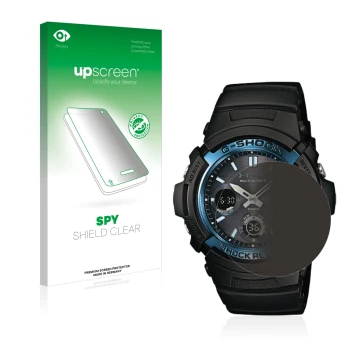 Front side of a product packaging with the brand logo upscreen. Next to it is the device Casio AWG M100 shown with the corresp