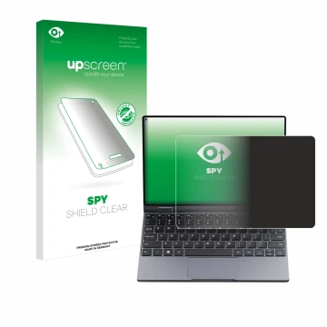 Front side of a product packaging with the brand logo upscreen. Next to it is the device Chuwi MiniBook X shown with the corre