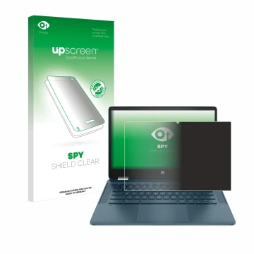 Front side of a product packaging with the brand logo upscreen. Next to it is the device HP Chromebook x360 (14b-cbX) shown wi