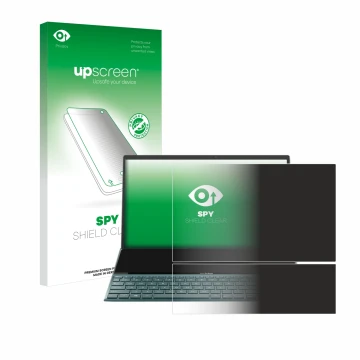 Front side of a product packaging with the brand logo upscreen. Next to it is the device ASUS ZenBook Duo 14 UX482 shown with 