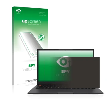 Front side of a product packaging with the brand logo upscreen. Next to it is the device ASUS VivoBook S 15 OLED shown with th