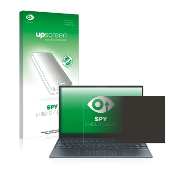 Front side of a product packaging with the brand logo upscreen. Next to it is the device ASUS ZenBook 13 OLED shown with the c
