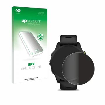 Front side of a product packaging with the brand logo upscreen. Next to it is the device Garmin Forerunner 255 Music shown wit