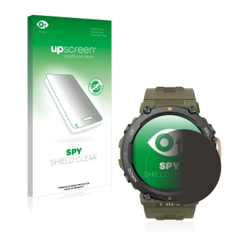 Front side of a product packaging with the brand logo upscreen. Next to it is the device Huami Amazfit T-Rex 2 shown with the 