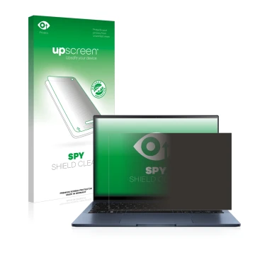 Front side of a product packaging with the brand logo upscreen. Next to it is the device ASUS ZenBook S13 OLED shown with the 