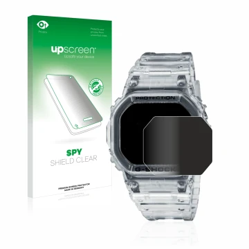 Front side of a product packaging with the brand logo upscreen. Next to it is the device Casio G-Shock DW-5600SKE-7 shown with