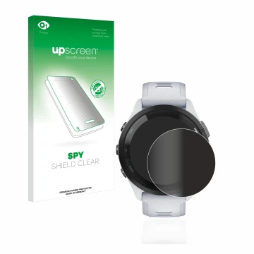 Front side of a product packaging with the brand logo upscreen. Next to it is the device Garmin Forerunner 265 (46 mm) shown w