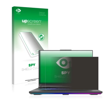 Front side of a product packaging with the brand logo upscreen. Next to it is the device ASUS ROG Strix G18 G814 2023 shown wi