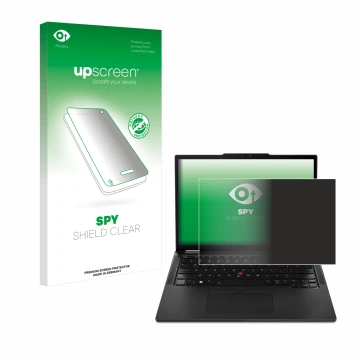 Front side of a product packaging with the brand logo upscreen. Next to it is the device Lenovo ThinkPad X13 Gen 4 shown with 