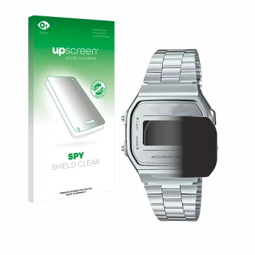 Front side of a product packaging with the brand logo upscreen. Next to it is the device Casio A168WEM-7EF shown with the corr