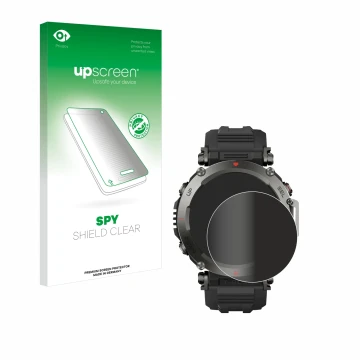 Front side of a product packaging with the brand logo upscreen. Next to it is the device Huami Amazfit T-Rex Ultra shown with 