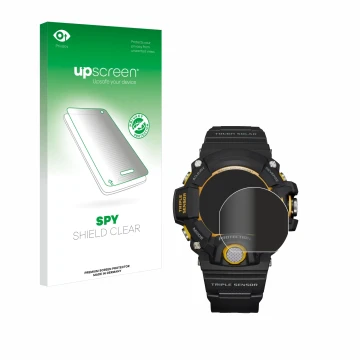 Front side of a product packaging with the brand logo upscreen. Next to it is the device Casio G-Shock GW-9400Y-1 shown with t