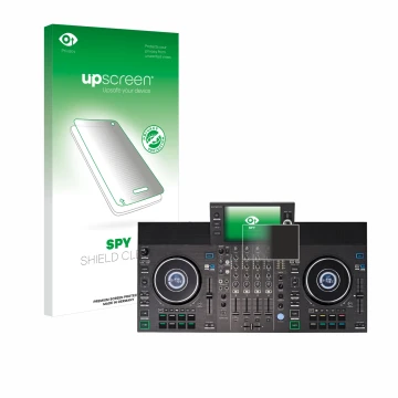 Front side of a product packaging with the brand logo upscreen. Next to it is the device Denon DJ SC LIVE 4 shown with the cor